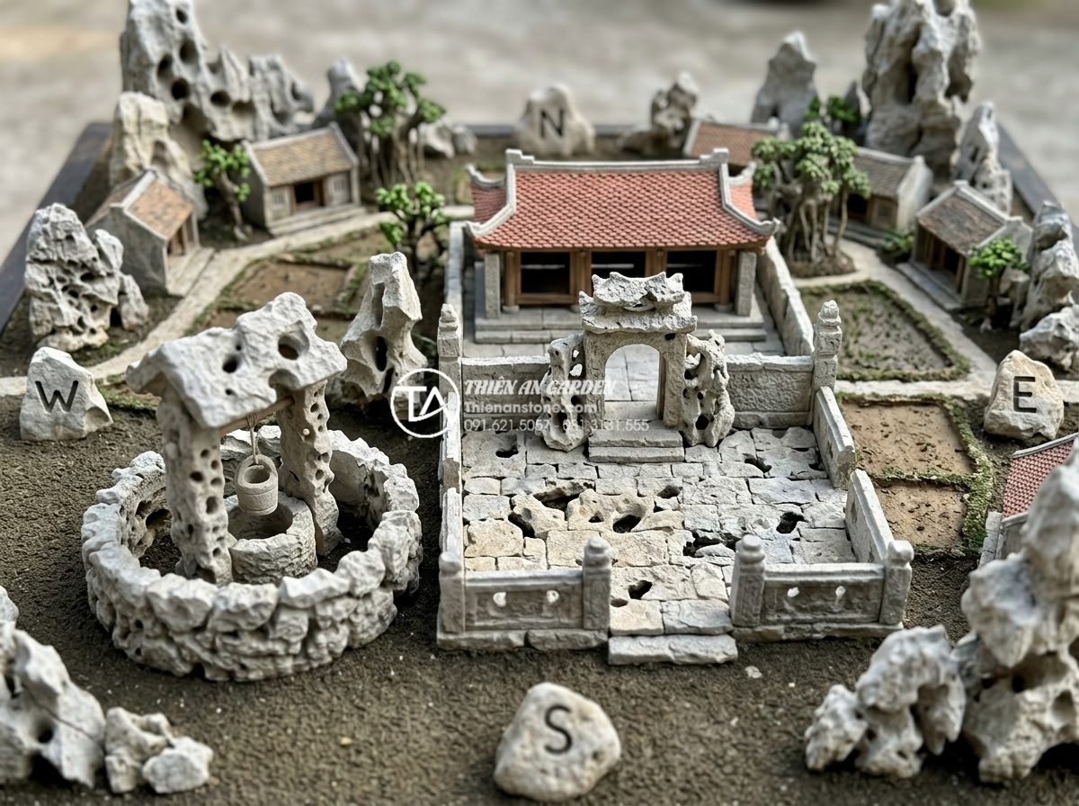 Ý nghĩa phong thủy của giếng nước và sân đình trong tiểu cảnh làng quê - Feng shui layout diagram of miniature village scene showing optimal placement of