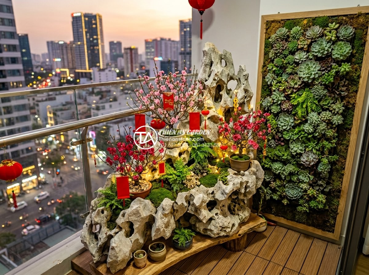 Ý tưởng tiểu cảnh hoa tết cho ban công chung cư diện tích nhỏ - Realistic high-resolution photo of a compact modern apartment balcony in Vietnam