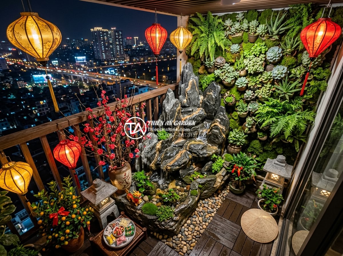 Ý tưởng tiểu cảnh hoa tết cho ban công chung cư diện tích nhỏ - Aerial view of a tiny 3sqm apartment balcony transformed into luxurious Tet mini