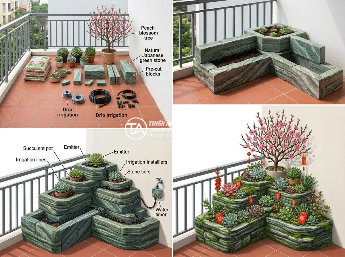 Ý tưởng tiểu cảnh hoa tết cho ban công chung cư diện tích nhỏ - Step-by-step realistic illustration of building a multi-tiered Tet flower balcon