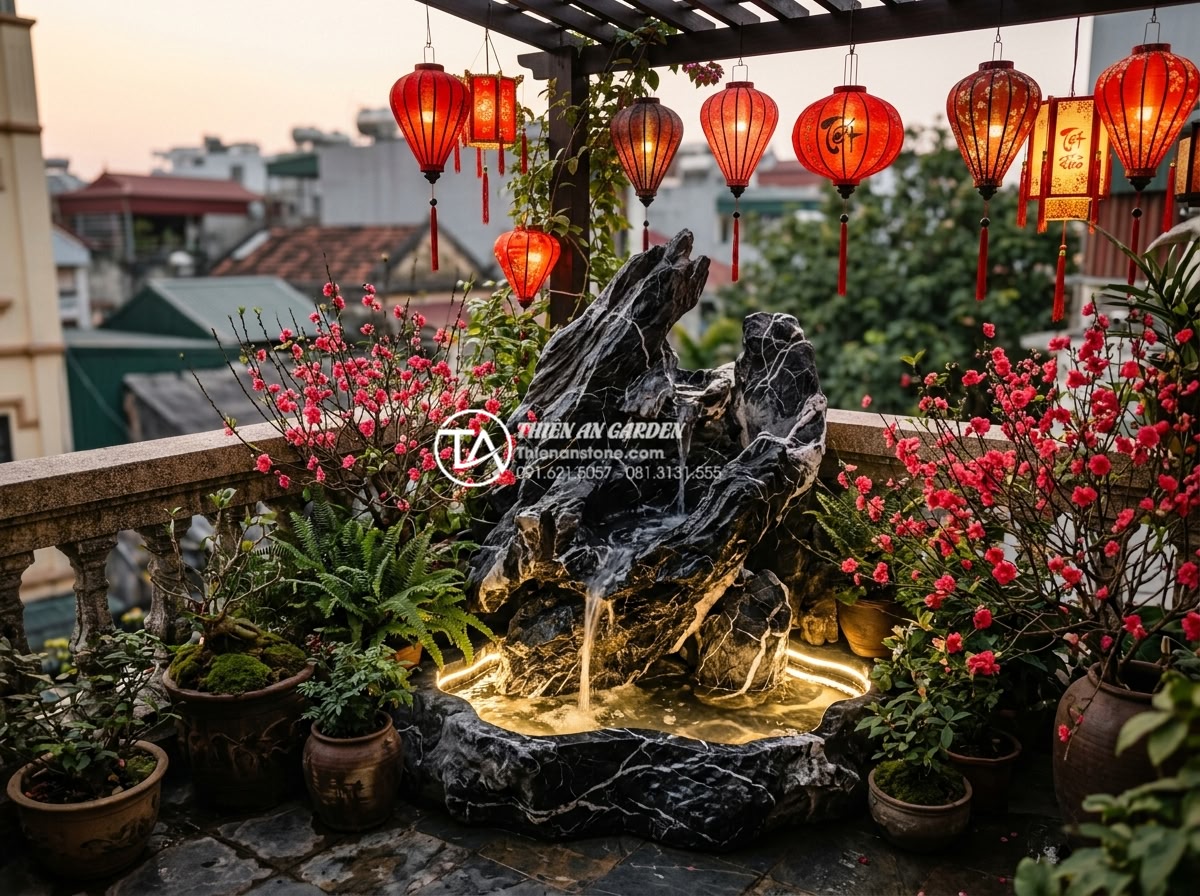 Ý tưởng tiểu cảnh hoa tết cho ban công chung cư diện tích nhỏ - Elegant small balcony non-bo mini waterfall made of natural sandstone, red plum 