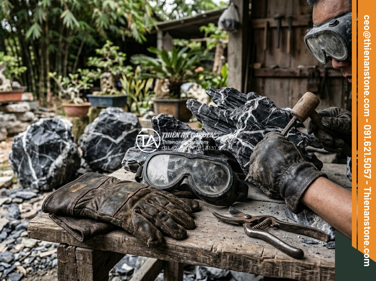 10 Dụng cụ không thể thiếu khi chế tác tiểu cảnh cây ôm đá chuyên nghiệp - Heavy-duty reinforced work gloves and safety goggles being worn while handling s