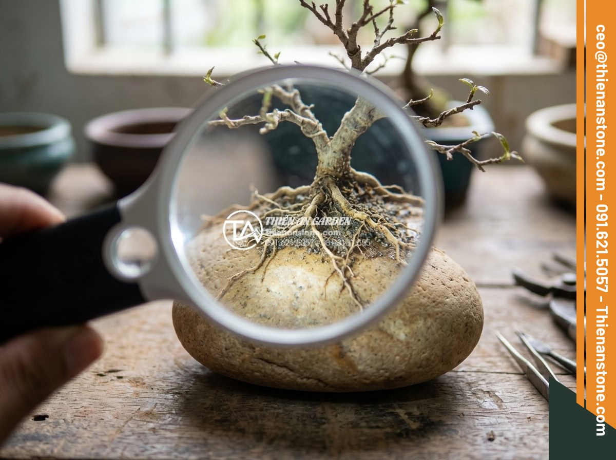 10 Dụng cụ không thể thiếu khi chế tác tiểu cảnh cây ôm đá chuyên nghiệp - Handheld magnifying glass with built-in LED light examining the fine roots and a