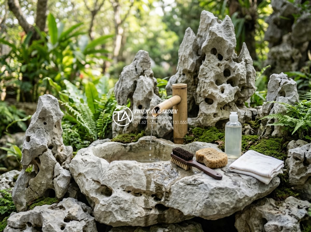 10 Mẫu tiểu cảnh ống tre mini để bàn làm việc hút tài lộc năm 2026 - Maintenance guide visual of cleaning mini bamboo water scene with stones and too