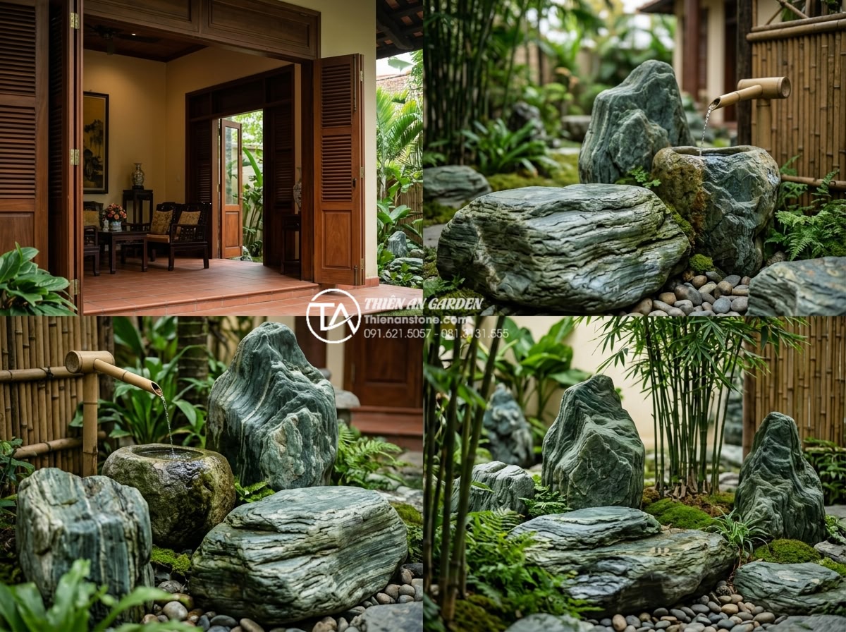 10 Mẫu tiểu cảnh ống tre mini để bàn làm việc hút tài lộc năm 2026 - Luxurious outdoor-indoor transition with stone and bamboo mini scenes in garden