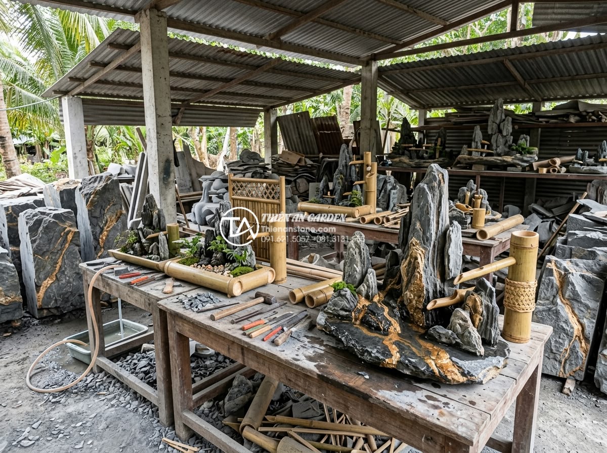 10 Mẫu tiểu cảnh ống tre mini để bàn làm việc hút tài lộc năm 2026 - Professional stone company workshop creating custom bamboo mini water scenes