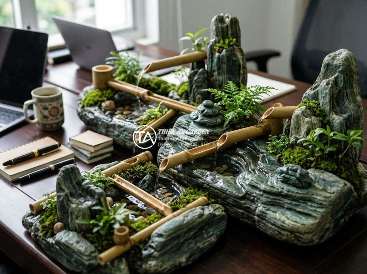 10 Mẫu tiểu cảnh ống tre mini để bàn làm việc hút tài lộc năm 2026 - Professional office desk setup featuring multiple mini bamboo tube scenes with w