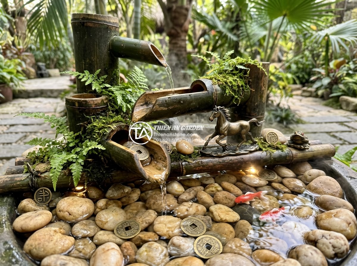 10 Mẫu tiểu cảnh ống tre mini để bàn làm việc hút tài lộc năm 2026 - Integrated garden design with large and mini bamboo water features using natural