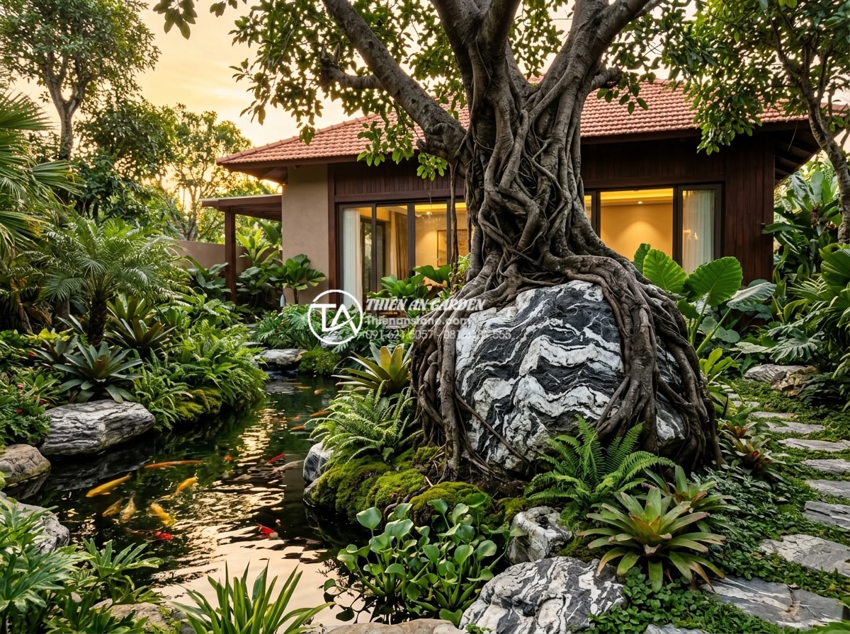 25 Mẫu tiểu cảnh cây ôm đá đẹp dẫn đầu xu hướng trang trí 2026 - Photorealistic professional garden photography of a leading 2026 trend small lan