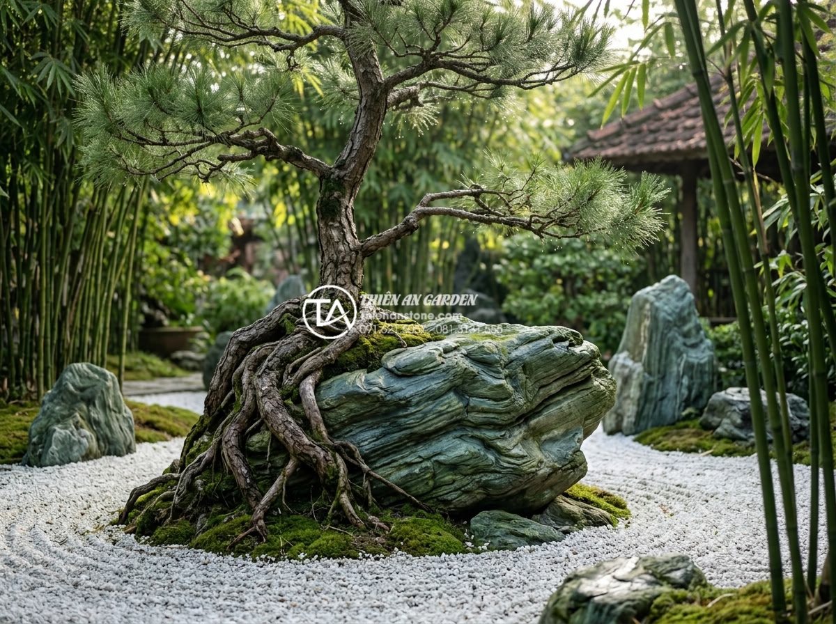 25 Mẫu tiểu cảnh cây ôm đá đẹp dẫn đầu xu hướng trang trí 2026 - High resolution realistic image of a zen-inspired 2026 tree hugging stone landsc