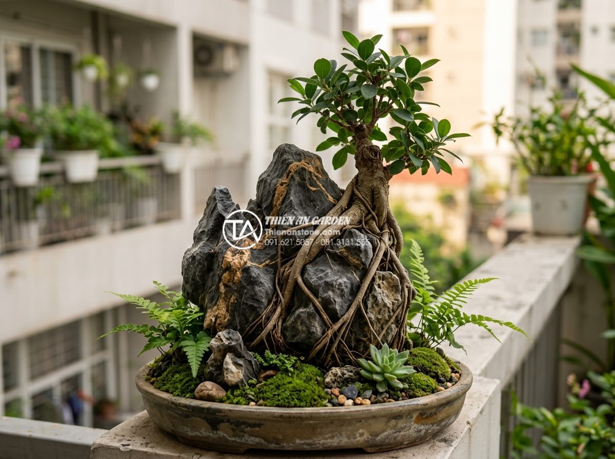 25 Mẫu tiểu cảnh cây ôm đá đẹp dẫn đầu xu hướng trang trí 2026 - Compact modern mini tree hugging stone for balcony with small ficus roots wrappi