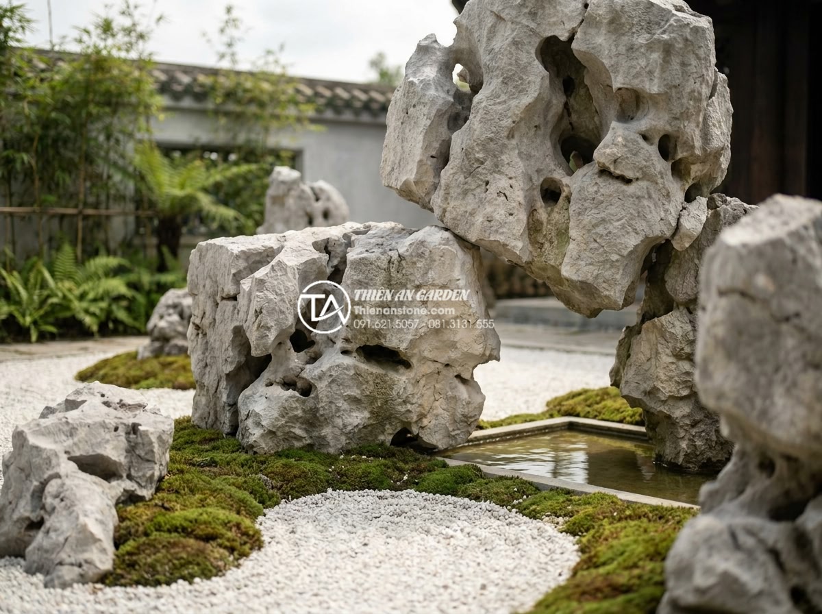 5 Sai lầm phổ biến khi thiết kế tiểu cảnh thiền khiến không gian mất cân bằng - A serene Japanese Zen garden with large balanced natural stones arranged asymmet