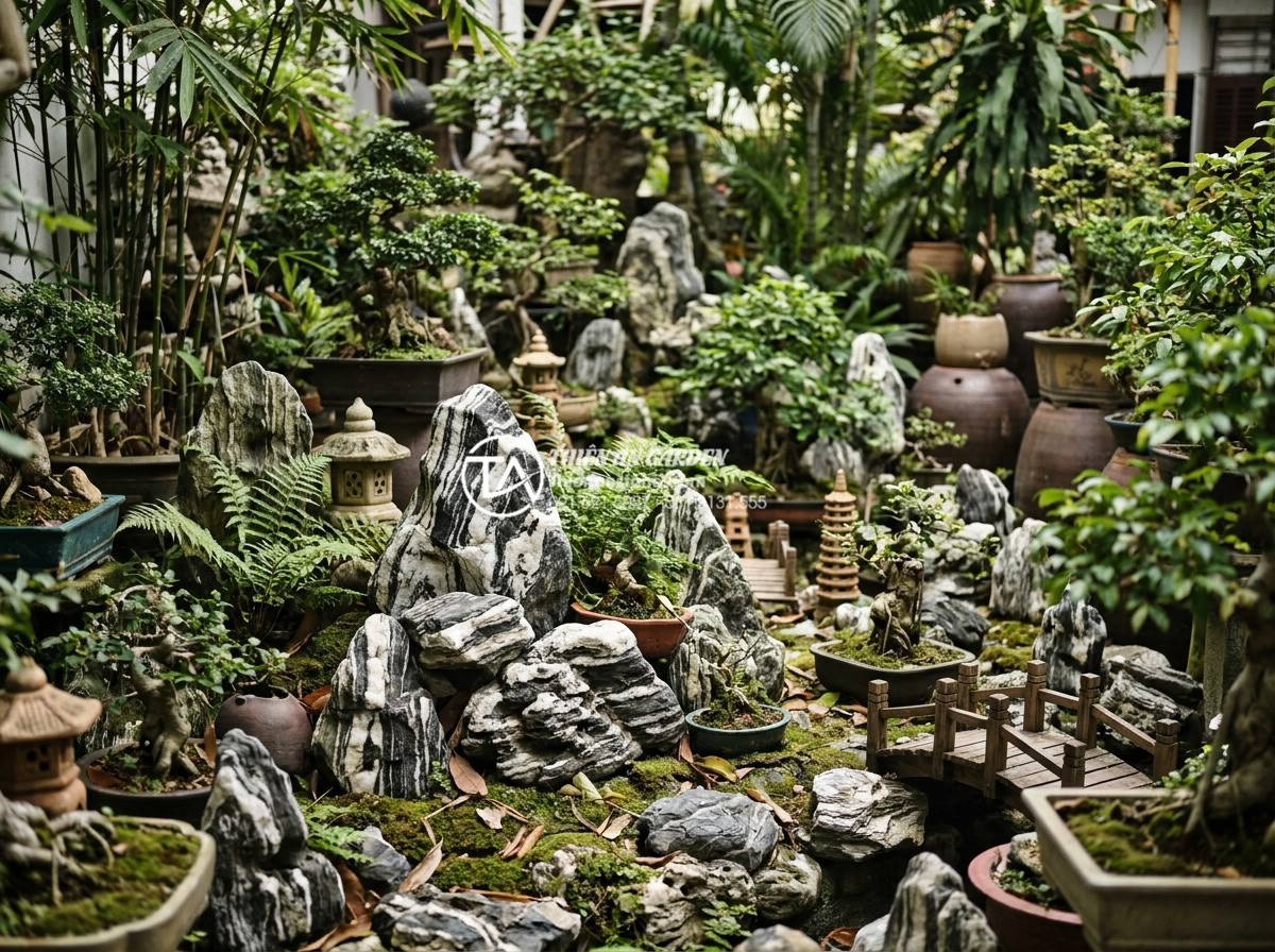 5 Sai lầm phổ biến khi thiết kế tiểu cảnh thiền khiến không gian mất cân bằng - Hình 3 5 Sai lầm phổ biến khi thiết kế tiểu cảnh thiền khiến không gian mất cân bằng - Overcrowded Zen garden example showing too many decorative stones, plants and or