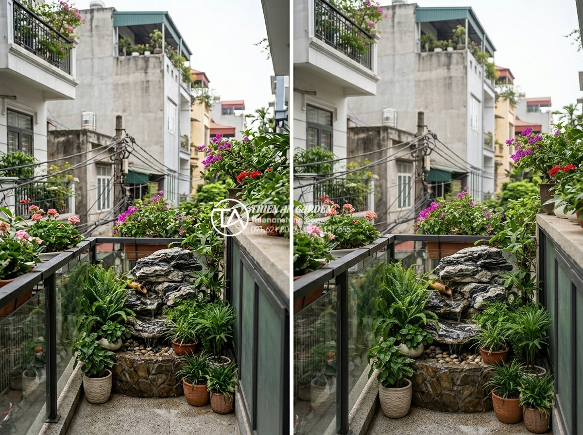 7 Ý tưởng tiểu cảnh thác nước ống tre độc đáo cho nhà phố diện tích nhỏ - Compact vertical bamboo pipe waterfall installed on narrow balcony of modern Vie
