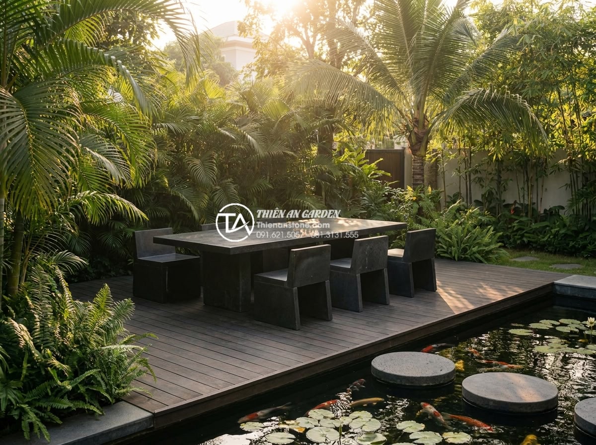 Bàn ghế đá Bazan: Xu hướng trang trí sân vườn tối giản và hiện đại - High resolution professional photograph of a minimalist modern Vietnamese villa