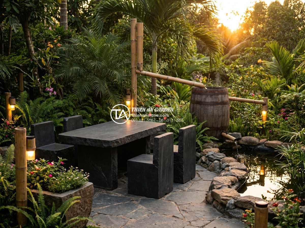 Bàn ghế đá Bazan: Xu hướng trang trí sân vườn tối giản và hiện đại - Hình 5 Bàn ghế đá Bazan: Xu hướng trang trí sân vườn tối giản và hiện đại - Beautiful environmental photography of a sustainable luxury garden in Vietnam fe