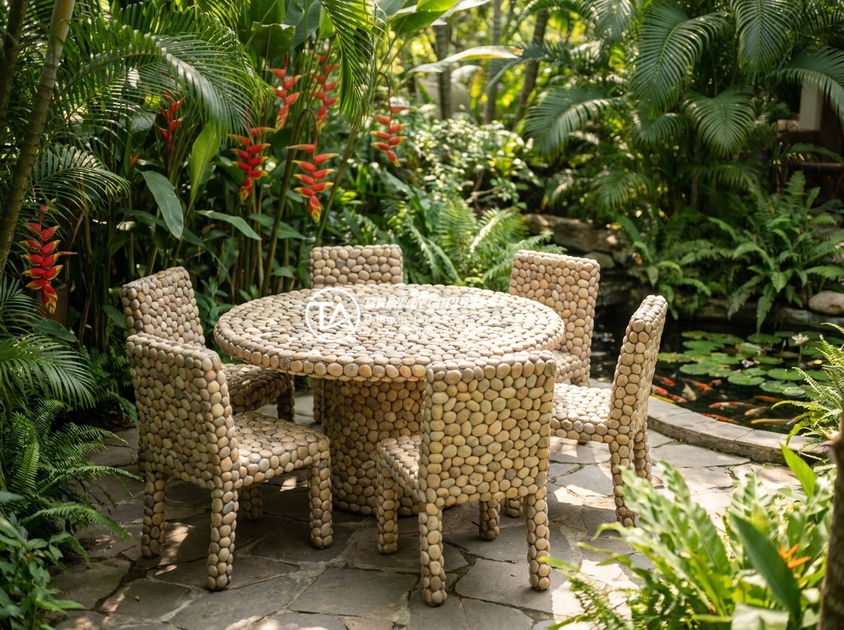 Bàn ghế đá hoa cương (Granite): Đặc điểm, ưu điểm và các mẫu bền đẹp nhất - Professional high-resolution photograph of an elegant round granite dining table