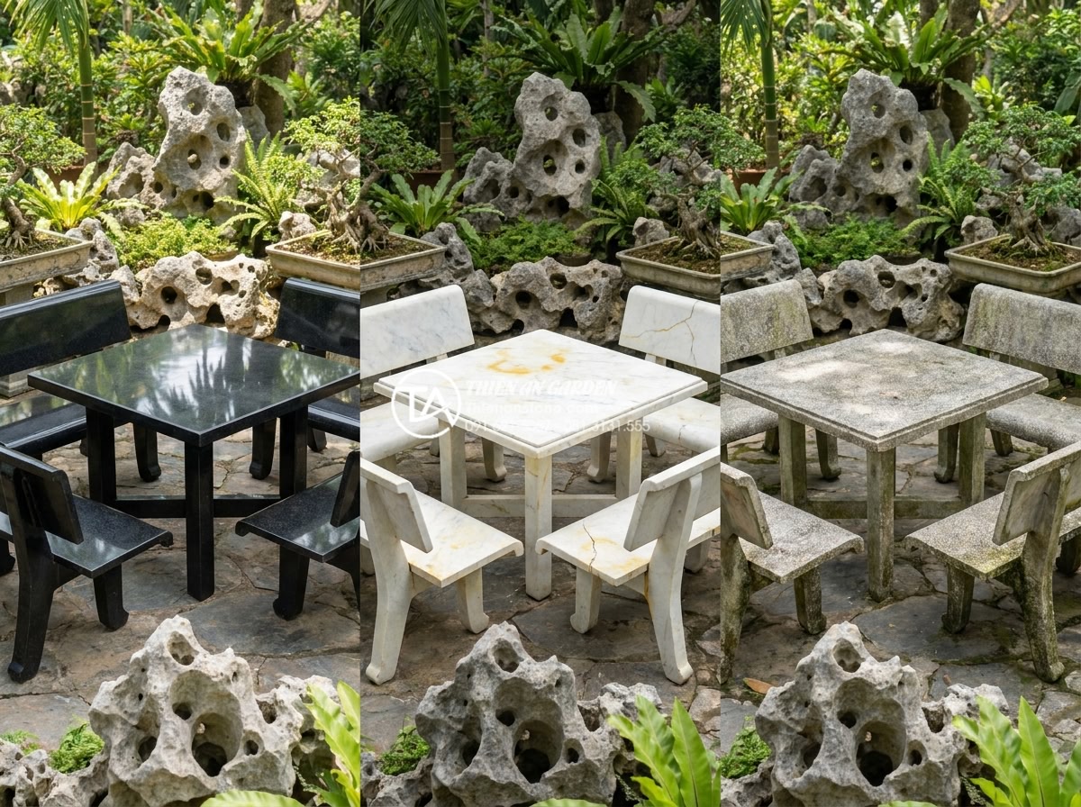Bàn ghế đá hoa cương (Granite): Đặc điểm, ưu điểm và các mẫu bền đẹp nhất - Hình 3 Bàn ghế đá hoa cương (Granite): Đặc điểm, ưu điểm và các mẫu bền đẹp nhất - Beautiful collection of three different granite outdoor furniture designs displa