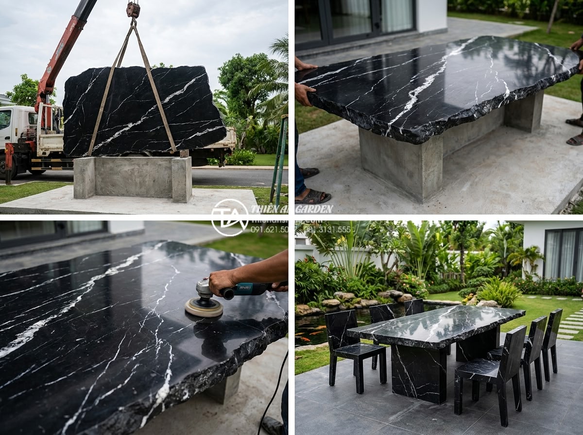 Bàn ghế đá hoa cương (Granite): Đặc điểm, ưu điểm và các mẫu bền đẹp nhất - Hình 7 Bàn ghế đá hoa cương (Granite): Đặc điểm, ưu điểm và các mẫu bền đẹp nhất - Step-by-step professional installation process of heavy granite outdoor table an
