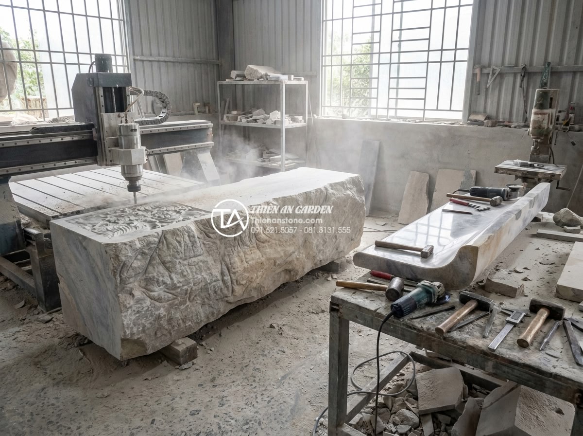 Bàn ghế đá nguyên khối: Tuyệt tác điêu khắc từ đá tự nhiên 100% - Hình 4 Bàn ghế đá nguyên khối: Tuyệt tác điêu khắc từ đá tự nhiên 100% - Detailed behind-the-scenes photograph inside a professional stone carving worksh