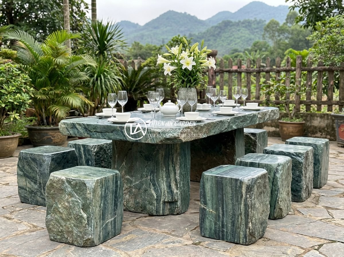 Bàn ghế đá nguyên khối: Tuyệt tác điêu khắc từ đá tự nhiên 100% - Hình 8 Bàn ghế đá nguyên khối: Tuyệt tác điêu khắc từ đá tự nhiên 100% - High-quality product photography of a complete high-end monolithic natural stone