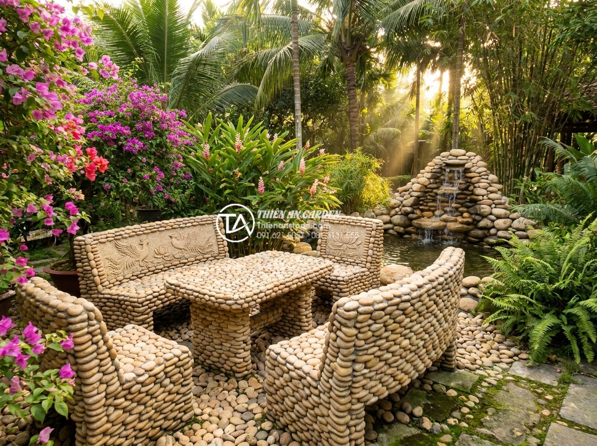 Bàn ghế đá phong thủy: Cách chọn màu đá và vị trí đặt để hút tài lộc - Hình 4 Bàn ghế đá phong thủy: Cách chọn màu đá và vị trí đặt để hút tài lộc - Vibrant professional photograph of colorful natural stone feng shui bench sets i