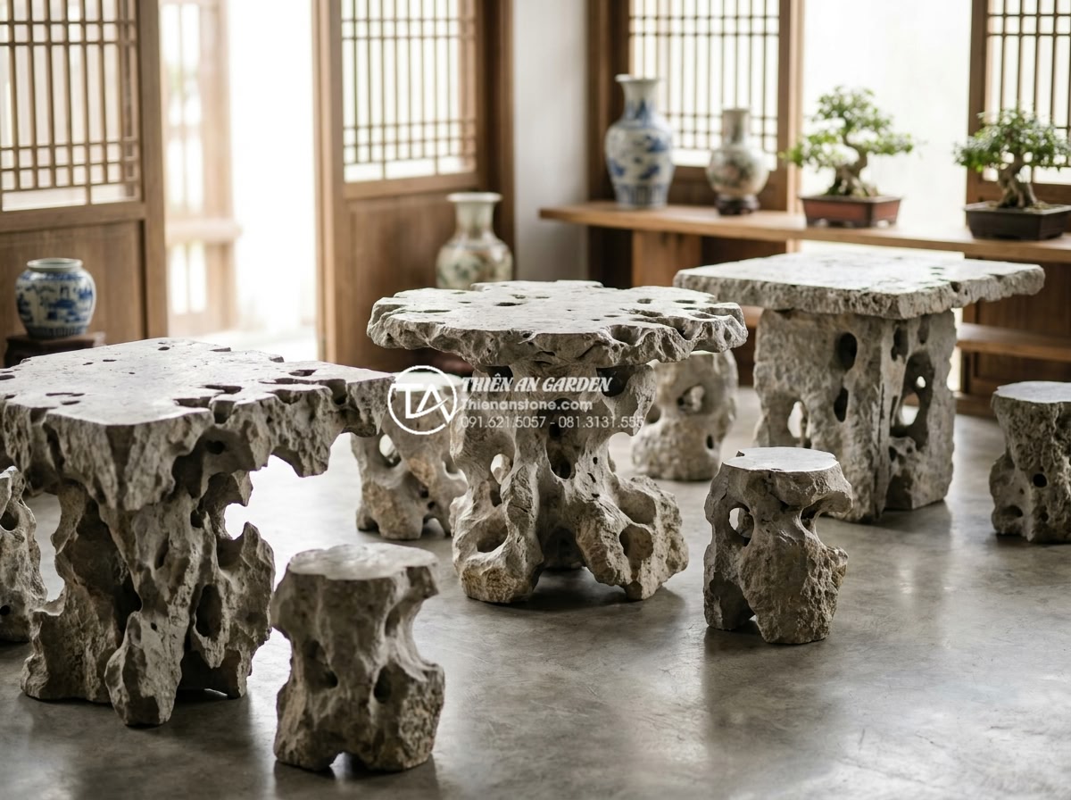 Bàn ghế đá phong thủy: Cách chọn màu đá và vị trí đặt để hút tài lộc - Hình 6 Bàn ghế đá phong thủy: Cách chọn màu đá và vị trí đặt để hút tài lộc - Studio professional shot of various natural stone table shapes for feng shui: pe