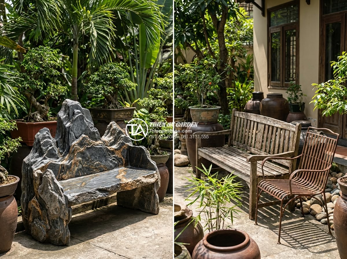 Bàn ghế đá phong thủy: Cách chọn màu đá và vị trí đặt để hút tài lộc - Hình 7 Bàn ghế đá phong thủy: Cách chọn màu đá và vị trí đặt để hút tài lộc - Comparison professional infographic-style photograph showing natural stone bench