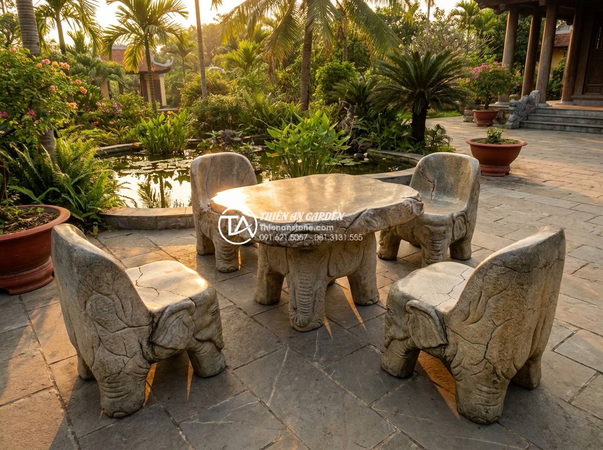 Bàn ghế đá sân vườn tự nhiên: Bí mật tạo không gian xanh đẳng cấp - Elegant set of hand-carved natural stone garden table and four matching chairs m