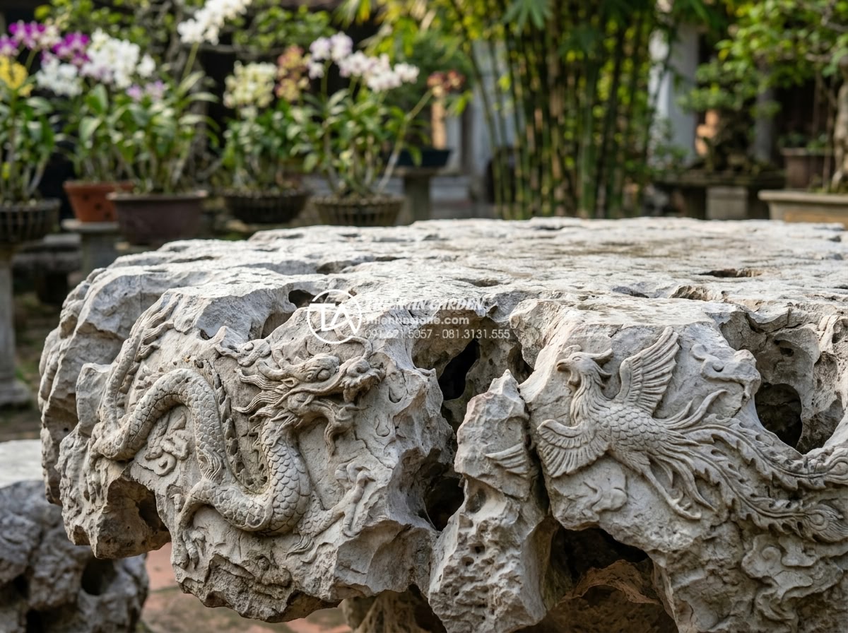 Bàn ghế đá sân vườn tự nhiên: Bí mật tạo không gian xanh đẳng cấp - Hình 2 Bàn ghế đá sân vườn tự nhiên: Bí mật tạo không gian xanh đẳng cấp - Close-up detail shot of intricate dragon and phoenix carvings on a large round n