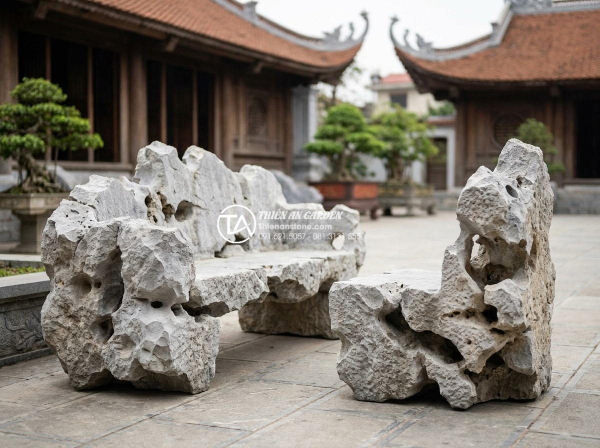Bàn ghế đá tự nhiên Thanh Hóa: Tại sao được ưa chuộng trong các công trình tâm linh? - Professional portrait of the Đá Cảnh Thiên An team standing proudly beside a bea