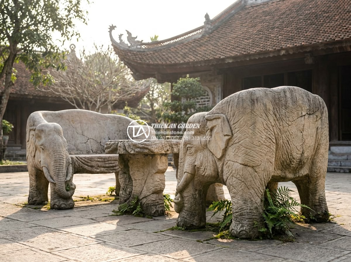 Bàn ghế đá tự nhiên Thanh Hóa: Tại sao được ưa chuộng trong các công trình tâm linh? - Serene wide-angle view of a complete natural green stone bench and chair set ele