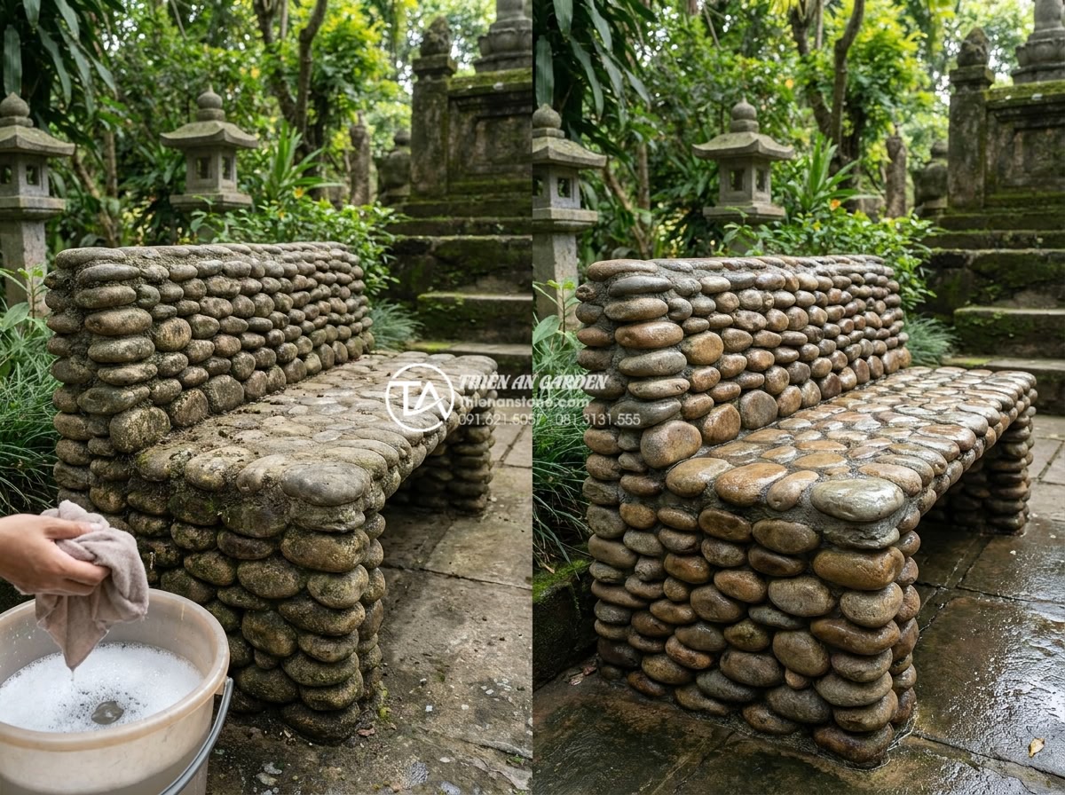 Bàn ghế đá tự nhiên Thanh Hóa: Tại sao được ưa chuộng trong các công trình tâm linh? - Detailed instructional image showing proper cleaning technique of natural green 