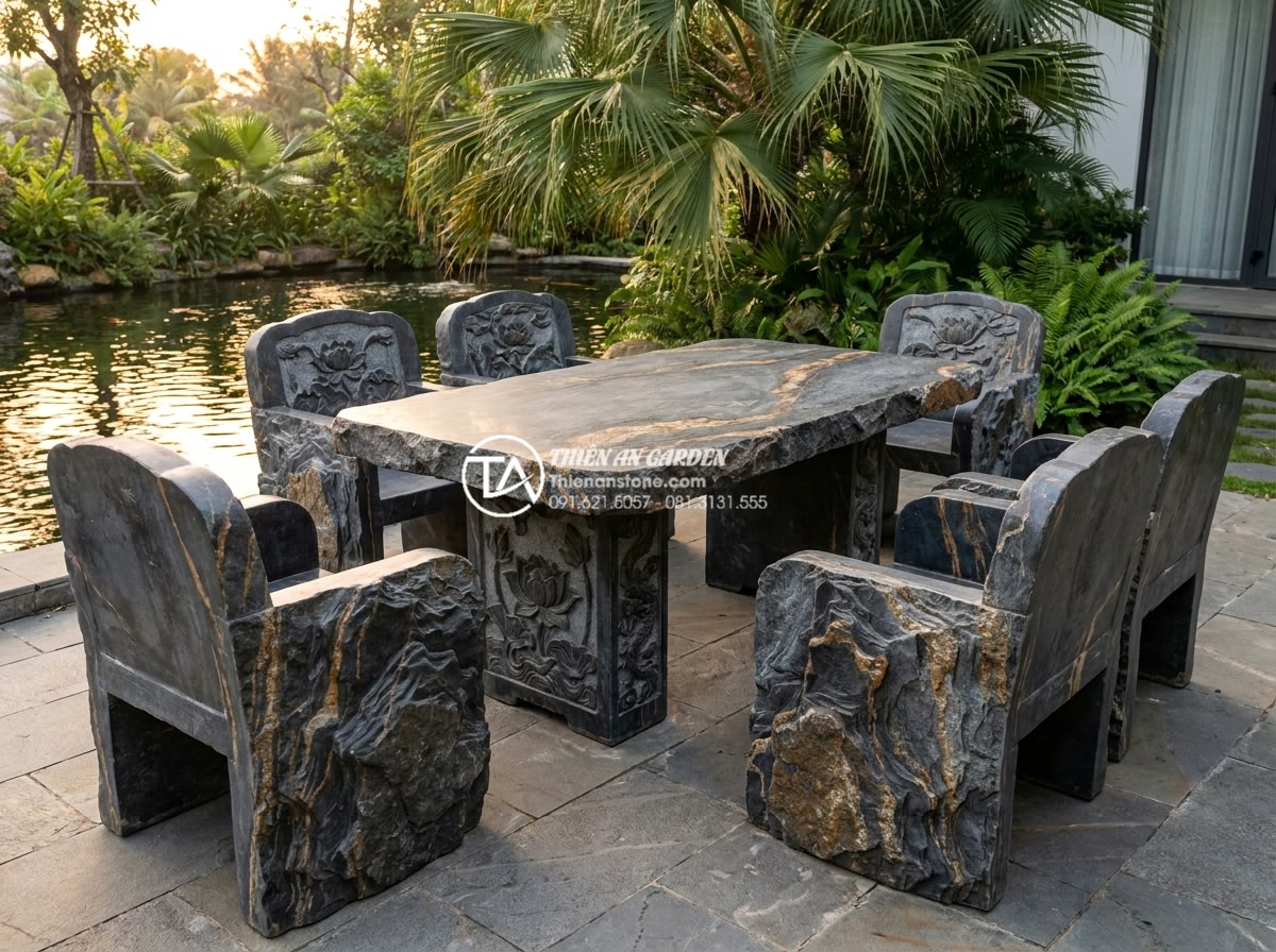 Bàn ghế đá tự nhiên: Tổng hợp 100+ mẫu đẳng cấp và tinh tế nhất 2026 - Close-up photorealistic view of natural stone chair armrest detail showing exqui