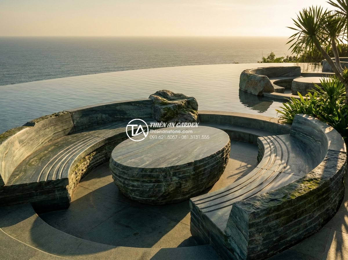 Bàn ghế đá tự nhiên: Tổng hợp 100+ mẫu đẳng cấp và tinh tế nhất 2026 - Photorealistic wide shot of a contemporary natural stone lounge area featuring c