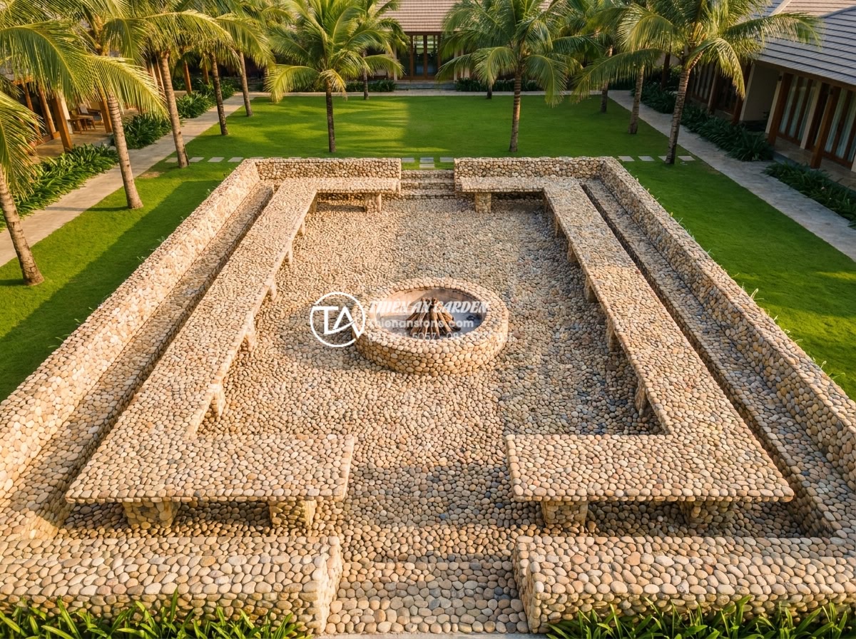 Bàn ghế đá tự nhiên: Tổng hợp 100+ mẫu đẳng cấp và tinh tế nhất 2026 - Aerial photorealistic view of an extensive natural stone outdoor entertainment a