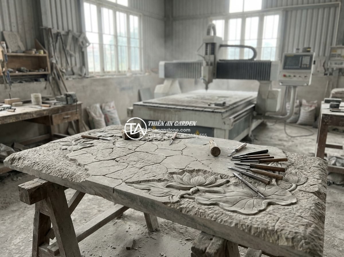 Bàn ghế đá tự nhiên: Tổng hợp 100+ mẫu đẳng cấp và tinh tế nhất 2026 - Photorealistic behind-the-scenes image of skilled Vietnamese artisans hand-carvi