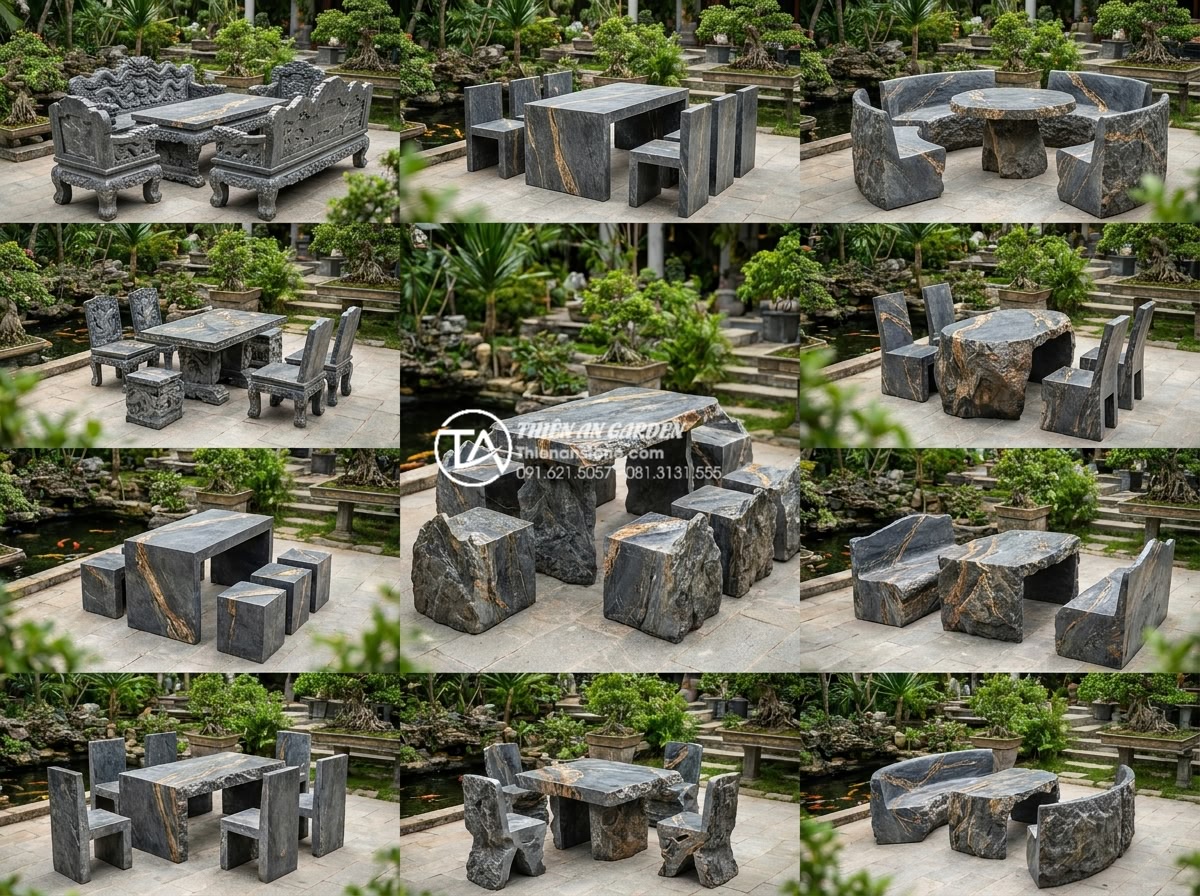 Bàn ghế đá tự nhiên: Tổng hợp 100+ mẫu đẳng cấp và tinh tế nhất 2026 - Collage style photorealistic image displaying 12 different high-end natural ston