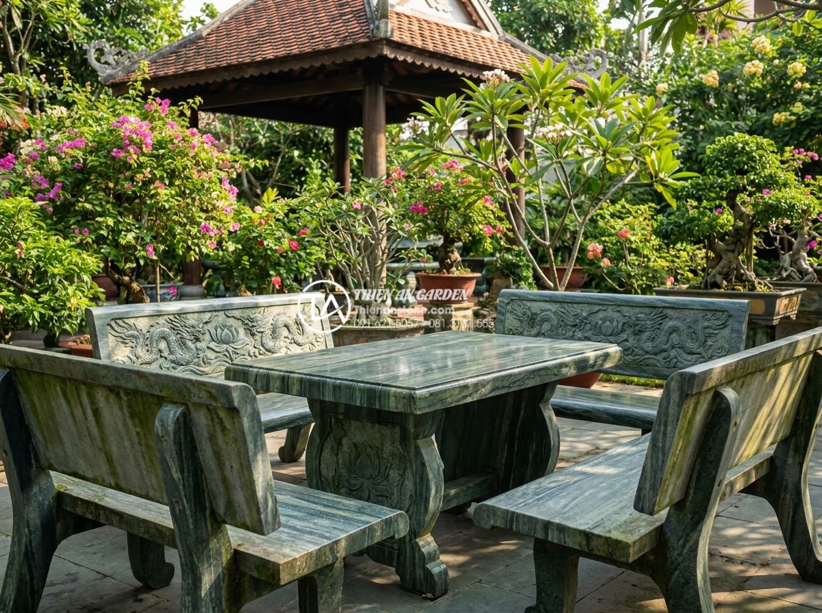 Bàn ghế đá tự nhiên: Tổng hợp 100+ mẫu đẳng cấp và tinh tế nhất 2026 - Photorealistic image of a well-maintained natural stone garden furniture set aft