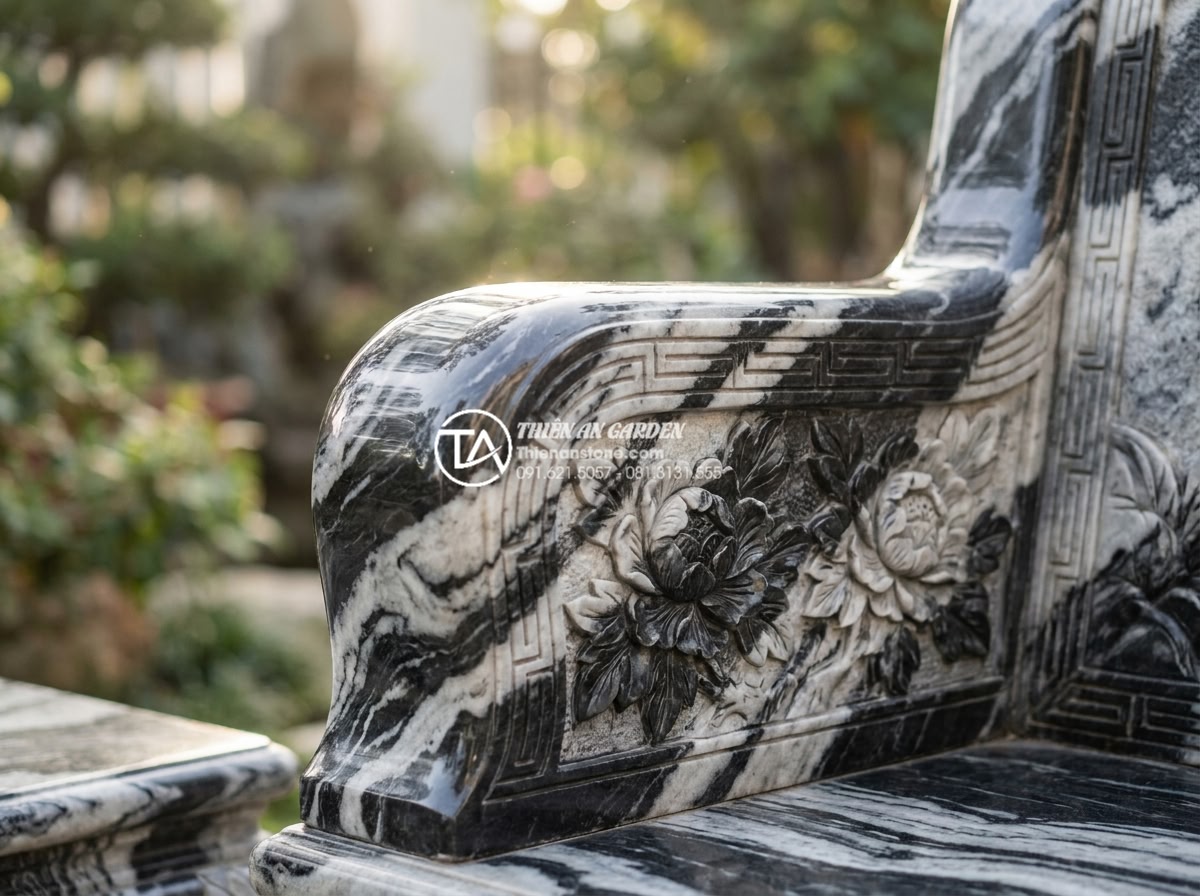 Bàn ghế đá tự nhiên: Tổng hợp 100+ mẫu đẳng cấp và tinh tế nhất 2026 - Detailed photorealistic close-up of natural stone table surface polished to high