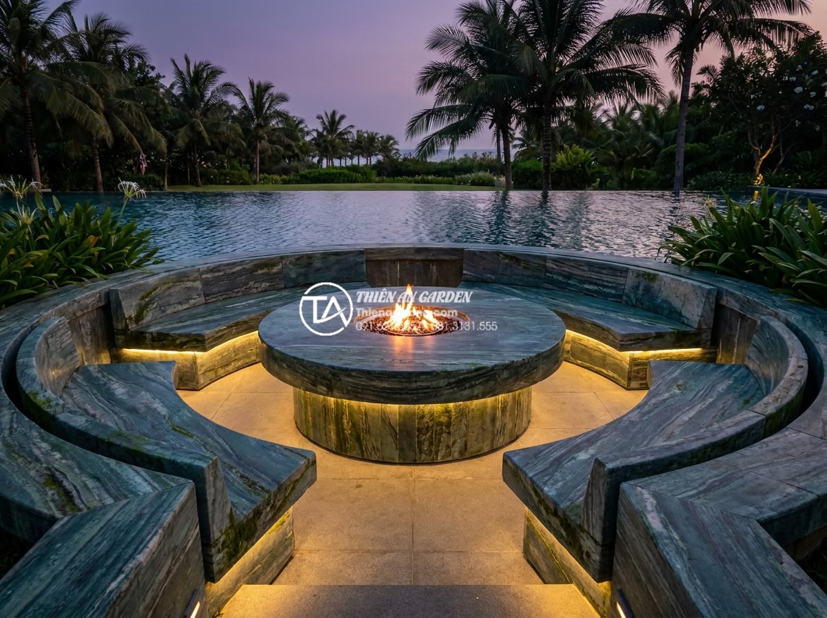 Bàn ghế đá tự nhiên: Tổng hợp 100+ mẫu đẳng cấp và tinh tế nhất 2026 - Wide angle photorealistic image of a luxurious natural stone lounge set made fro