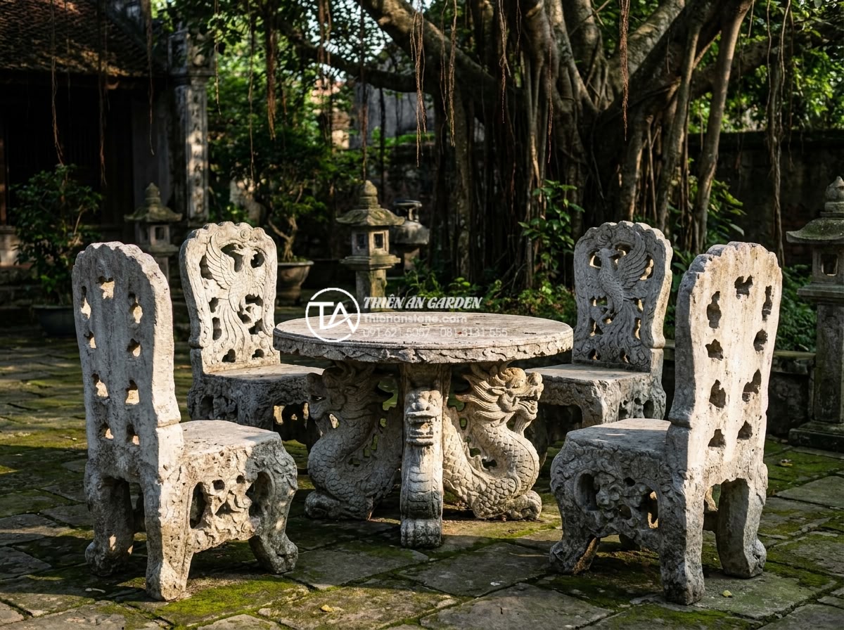 Bàn ghế đá tự nhiên: Tổng hợp 100+ mẫu đẳng cấp và tinh tế nhất 2026 - Photorealistic image of a traditional Vietnamese style natural stone dining set 