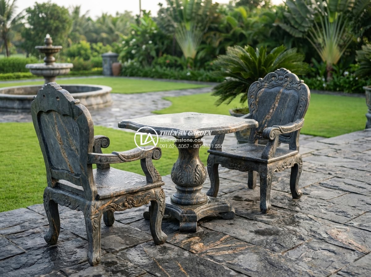 Bàn ghế đá tự nhiên: Tổng hợp 100+ mẫu đẳng cấp và tinh tế nhất 2026 - Elegant photorealistic view of a classic European inspired natural stone patio f