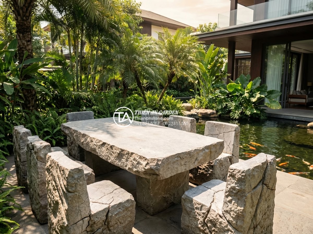 Báo giá bàn ghế đá nguyên khối: Tại sao mức giá lại có sự chênh lệch lớn? - Hình 2 Báo giá bàn ghế đá nguyên khối: Tại sao mức giá lại có sự chênh lệch lớn? - Luxurious outdoor garden scene featuring a polished black basalt monolithic dini