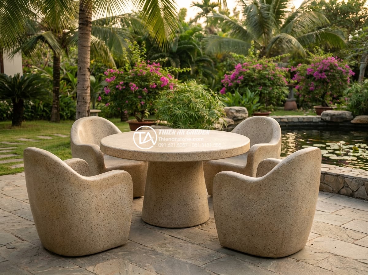 Báo giá bàn ghế đá tự nhiên nguyên khối mới nhất - Cập nhật 2026 - Professional high-resolution photograph of a complete natural stone garden furni
