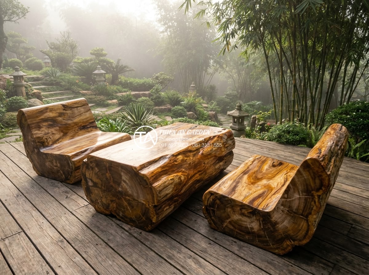Báo giá bàn ghế đá tự nhiên nguyên khối mới nhất - Cập nhật 2026 - Close-up professional photograph of an exquisite natural stone coffee table and 