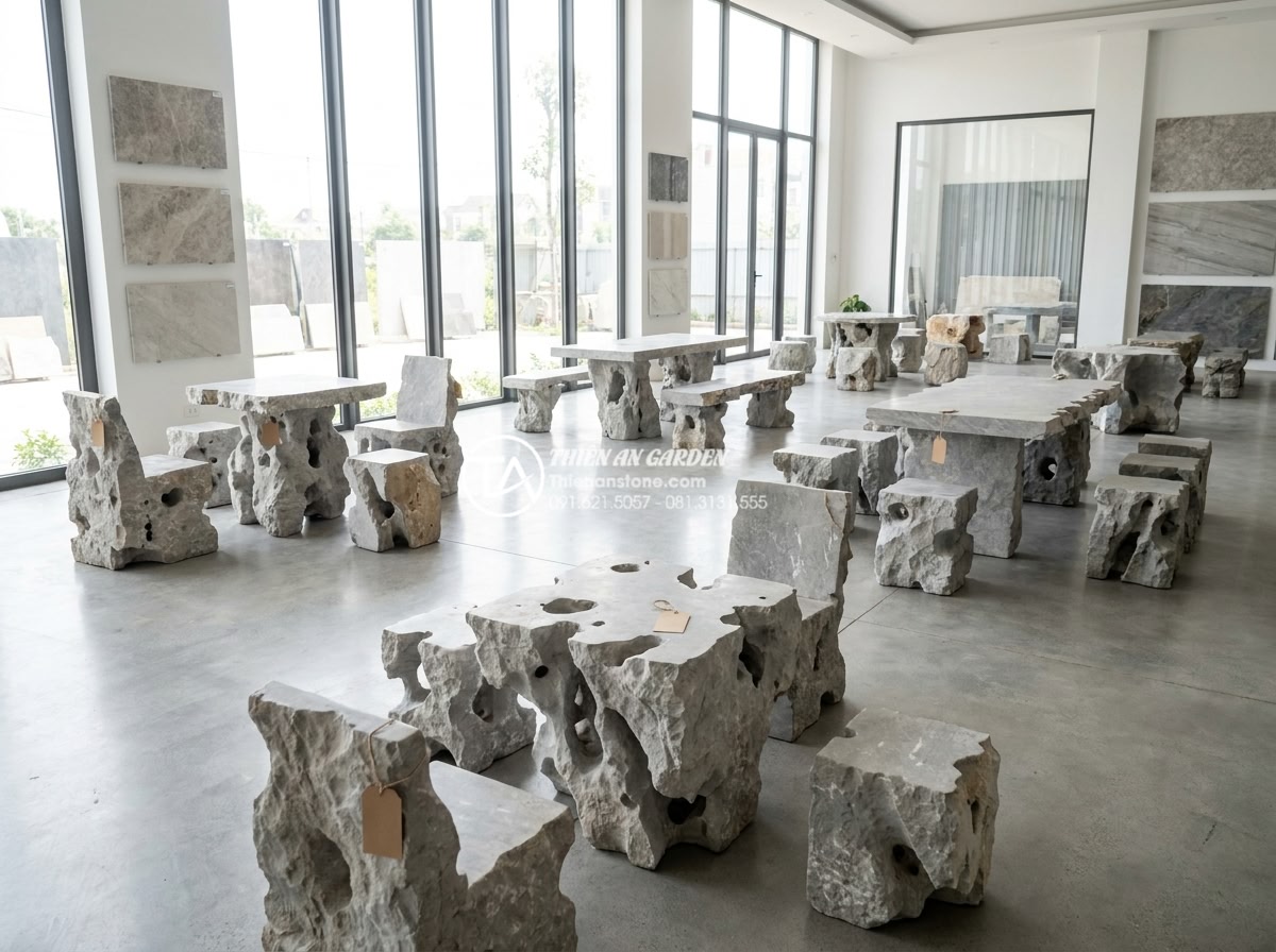 Báo giá bàn ghế đá tự nhiên nguyên khối mới nhất - Cập nhật 2026 - Wide angle professional photograph of multiple natural stone outdoor furniture s