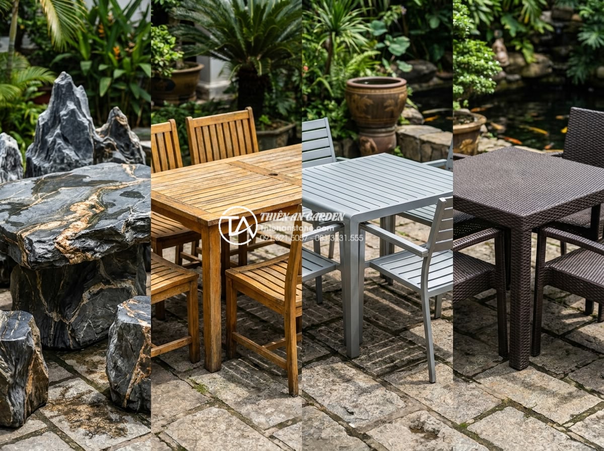 Báo giá bàn ghế đá tự nhiên nguyên khối mới nhất - Cập nhật 2026 - Comparison style professional photograph showing four different outdoor furnitur