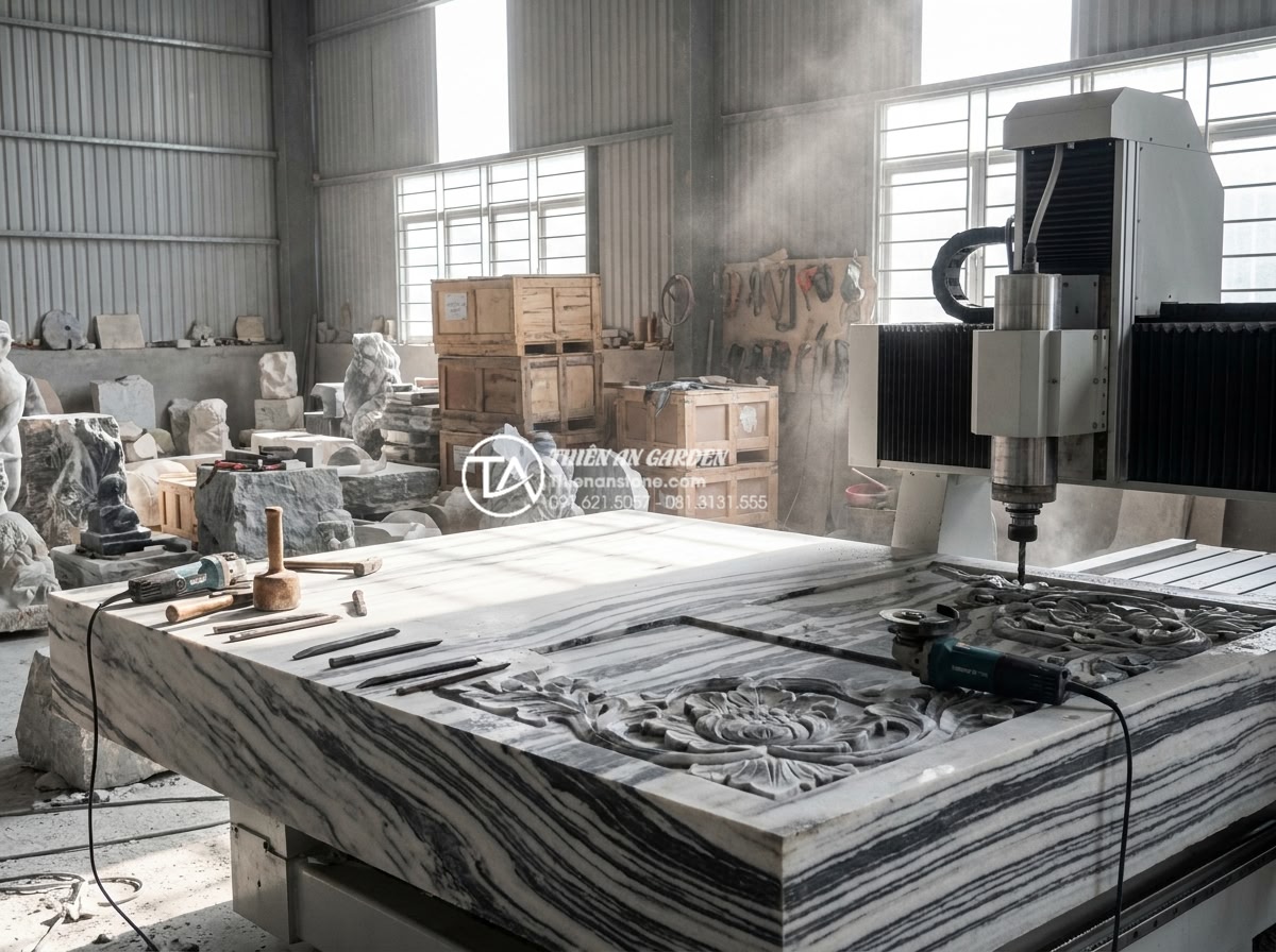Báo giá bàn ghế đá tự nhiên nguyên khối mới nhất - Cập nhật 2026 - Behind the scenes professional photograph of skilled Vietnamese stone artisans h