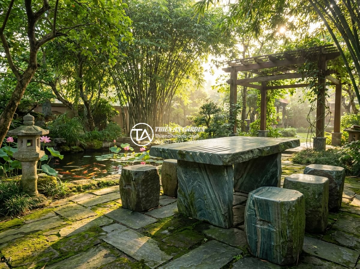 Báo giá bàn ghế đá tự nhiên nguyên khối mới nhất - Cập nhật 2026 - Serene professional photograph of a natural stone dining set placed harmoniously